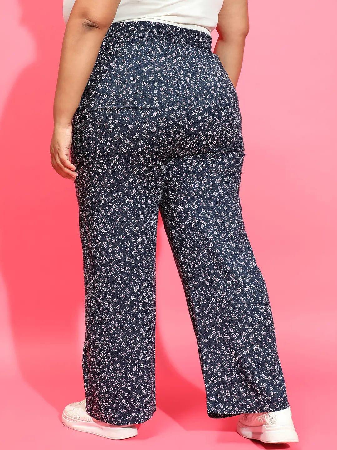 Navy Blue Floral Print Elasticated Waist Plus Size Pant - Image 5