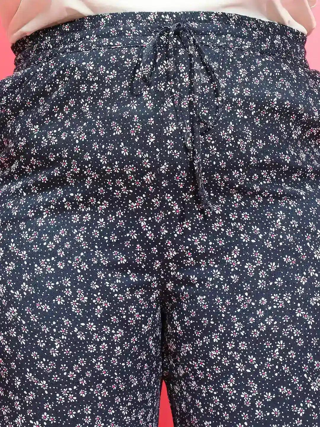 Navy Blue Floral Print Elasticated Waist Plus Size Pant - Image 6