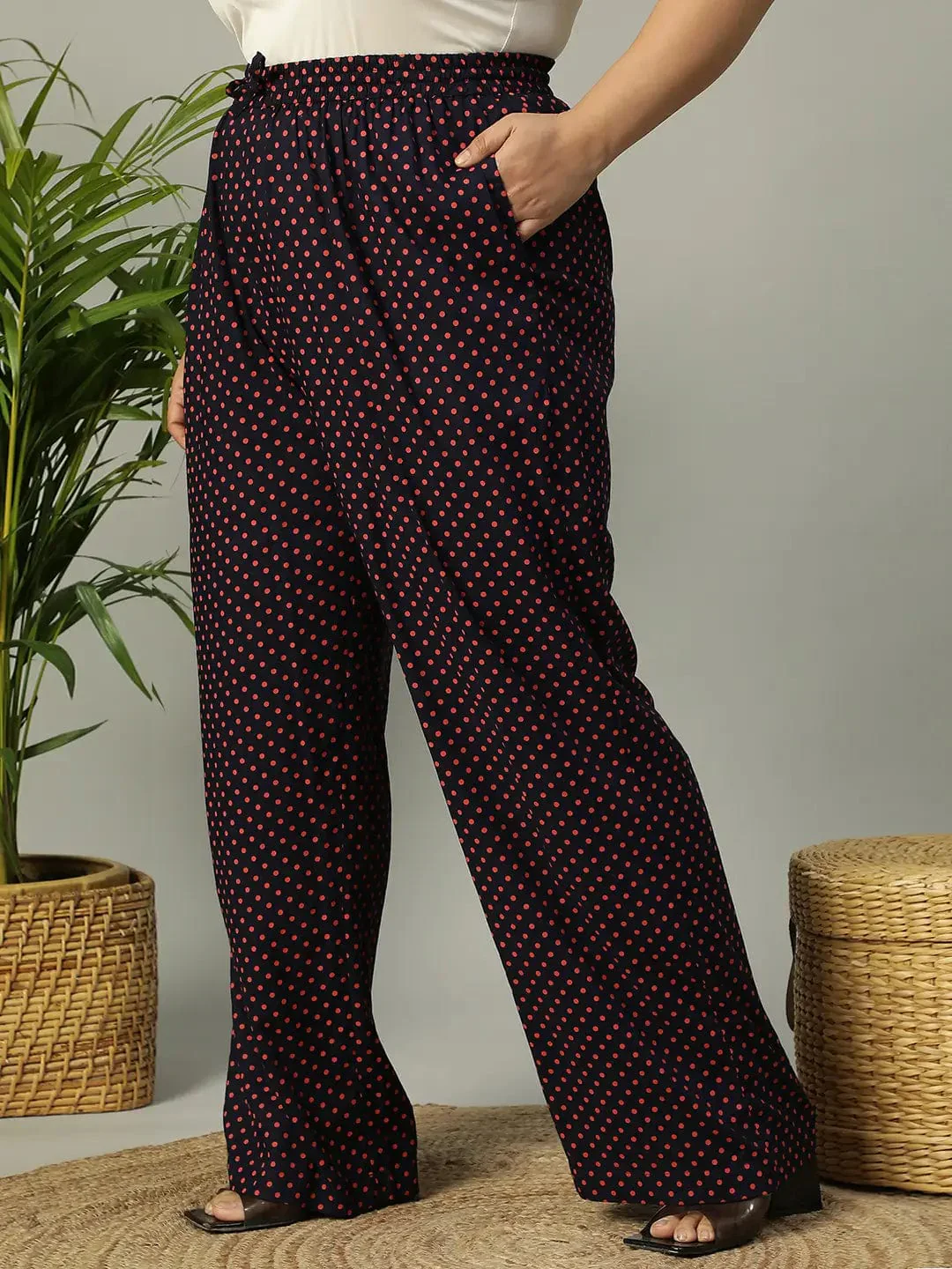 Navy Blue Polka Dot Print Elasticated Plus Size Women Pant - Image 3