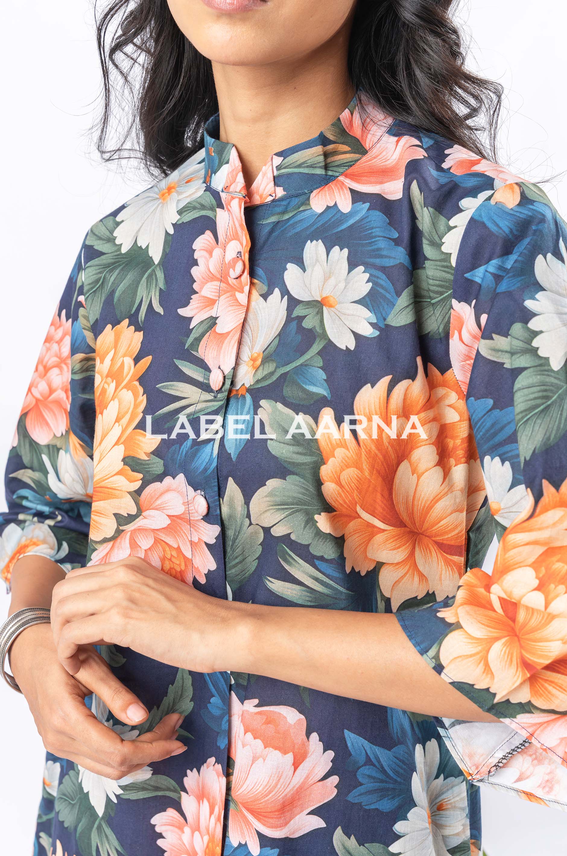 Navy Blue Pure Cotton Bold Floral Half-Buttoned Printed Co-Ord Set - Image 4