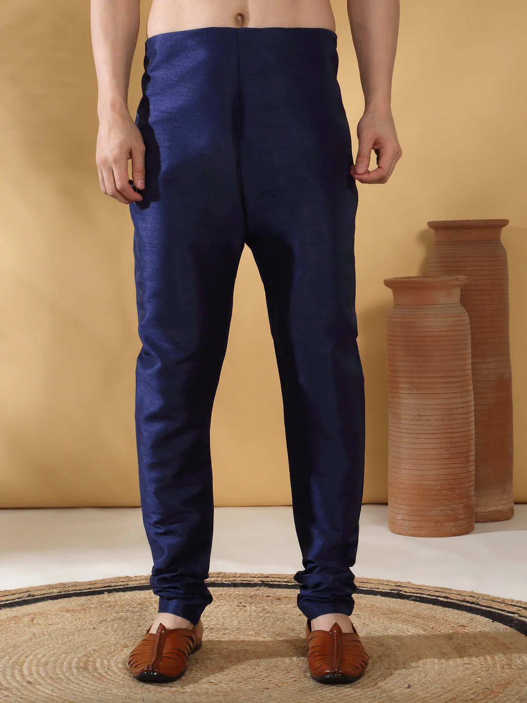Navy Blue Silk Blend Kurta churidar with Jacquard Geometric Sleeveless Nehru Jacket set - Image 10