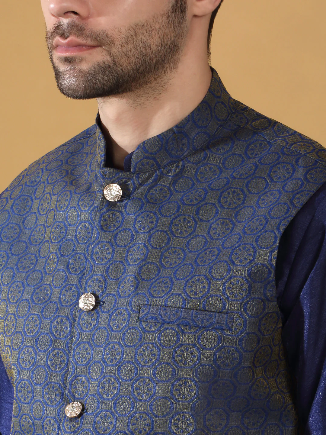 Navy Blue Silk Blend Kurta churidar with Jacquard Geometric Sleeveless Nehru Jacket set - Image 3