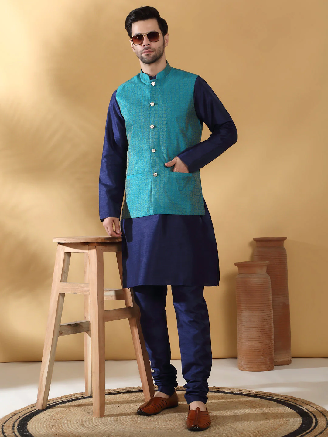 Navy Blue Silk Blend Kurta churidar with Jacquard Geometric Sleeveless Nehru Jacket set - Image 6