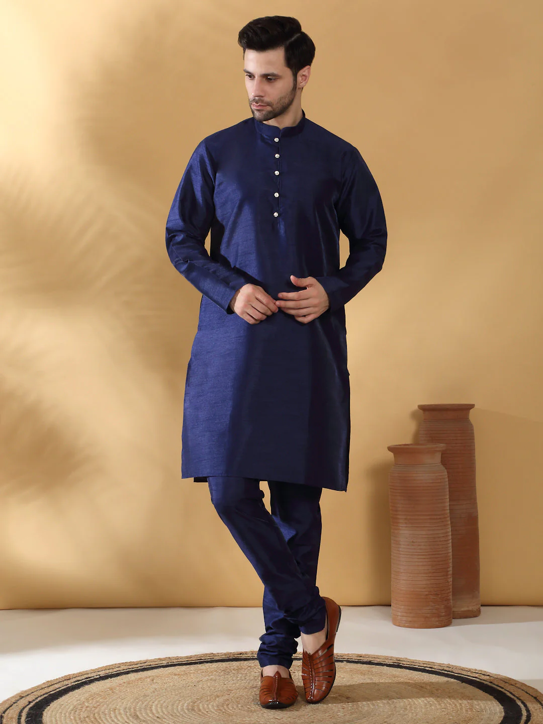 Navy Blue Silk Blend Kurta churidar with Jacquard Geometric Sleeveless Nehru Jacket set - Image 9