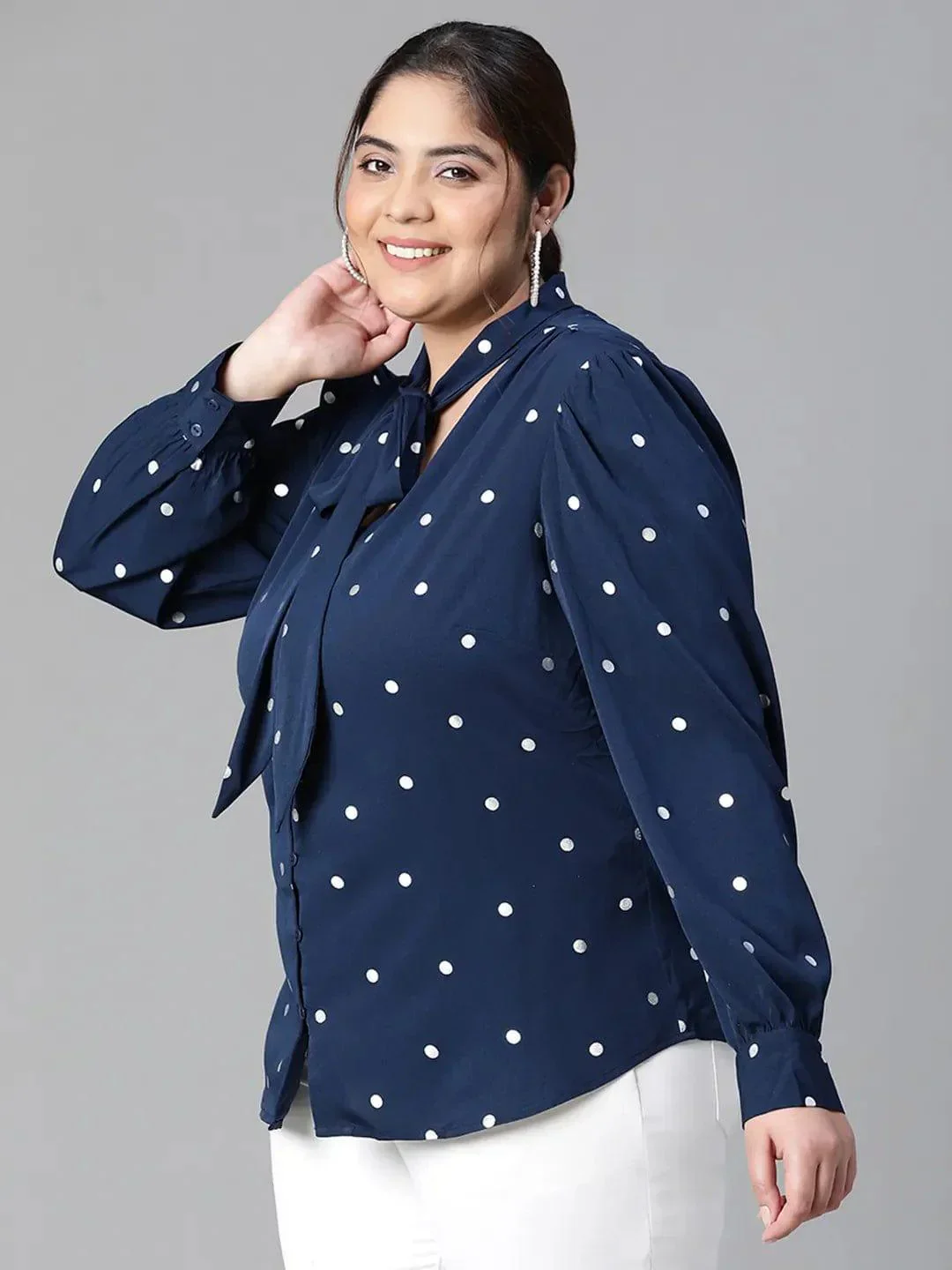 Navy Blue Tie-Knot Style Foil Print Long Sleeve Loopy Top - Image 3