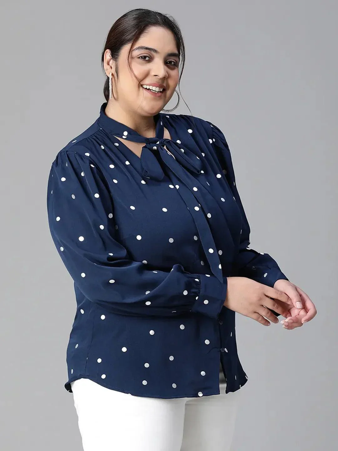 Navy Blue Tie-Knot Style Foil Print Long Sleeve Loopy Top - Image 4