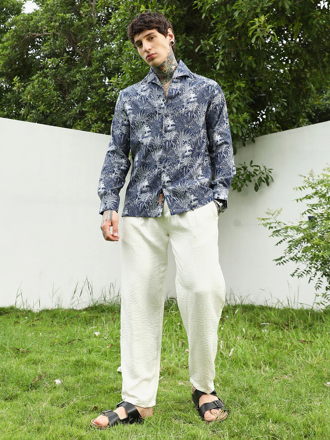 Navy Botanical Print Cotton Blend Shirt - Image 5