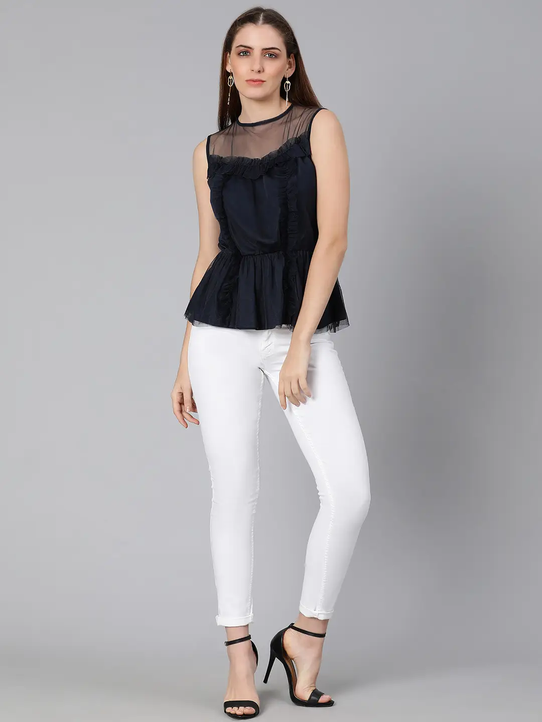 Navy Simmer Net Ruffle Party Women Top - Image 2