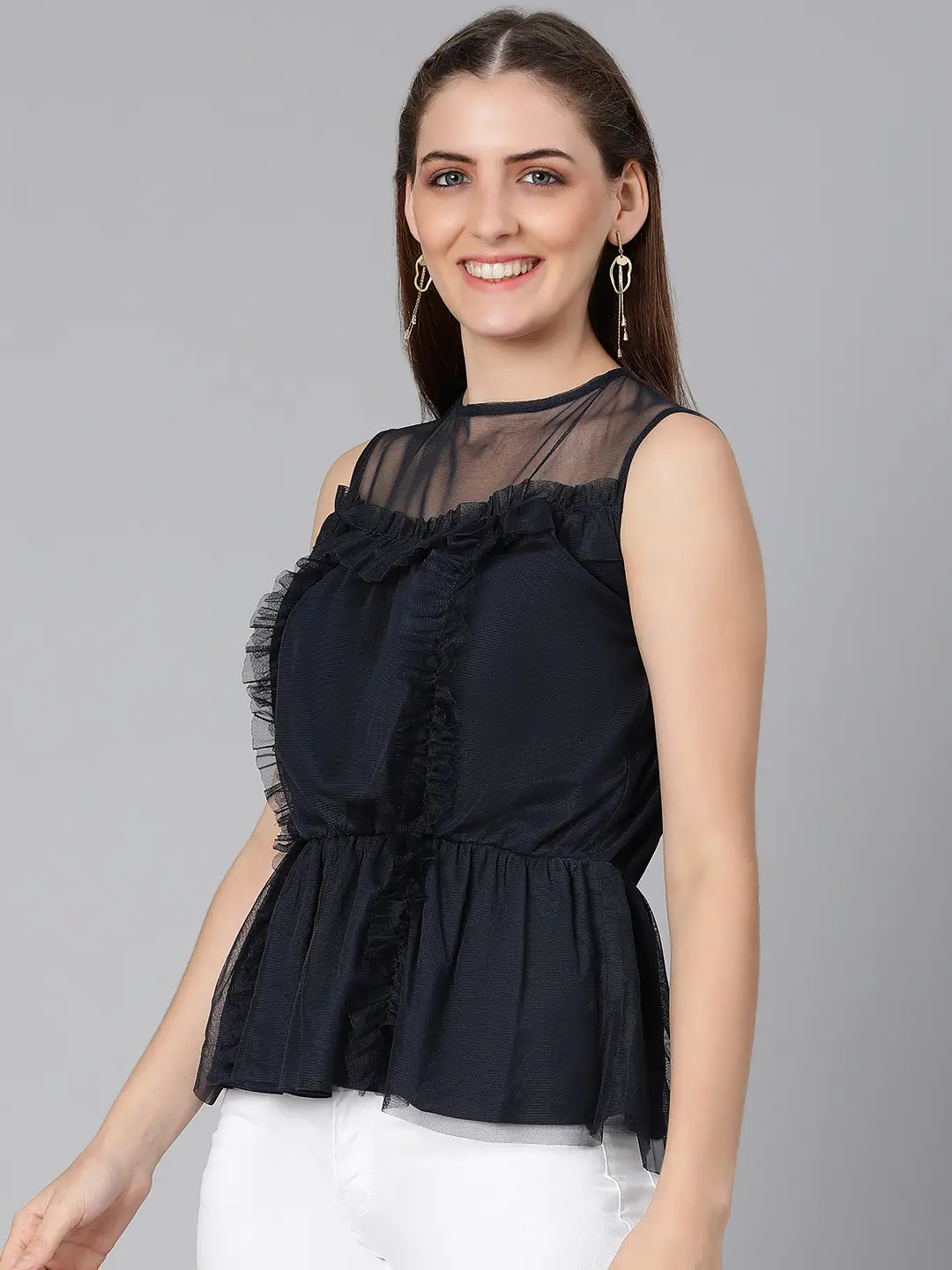 Navy Simmer Net Ruffle Party Women Top - Image 3