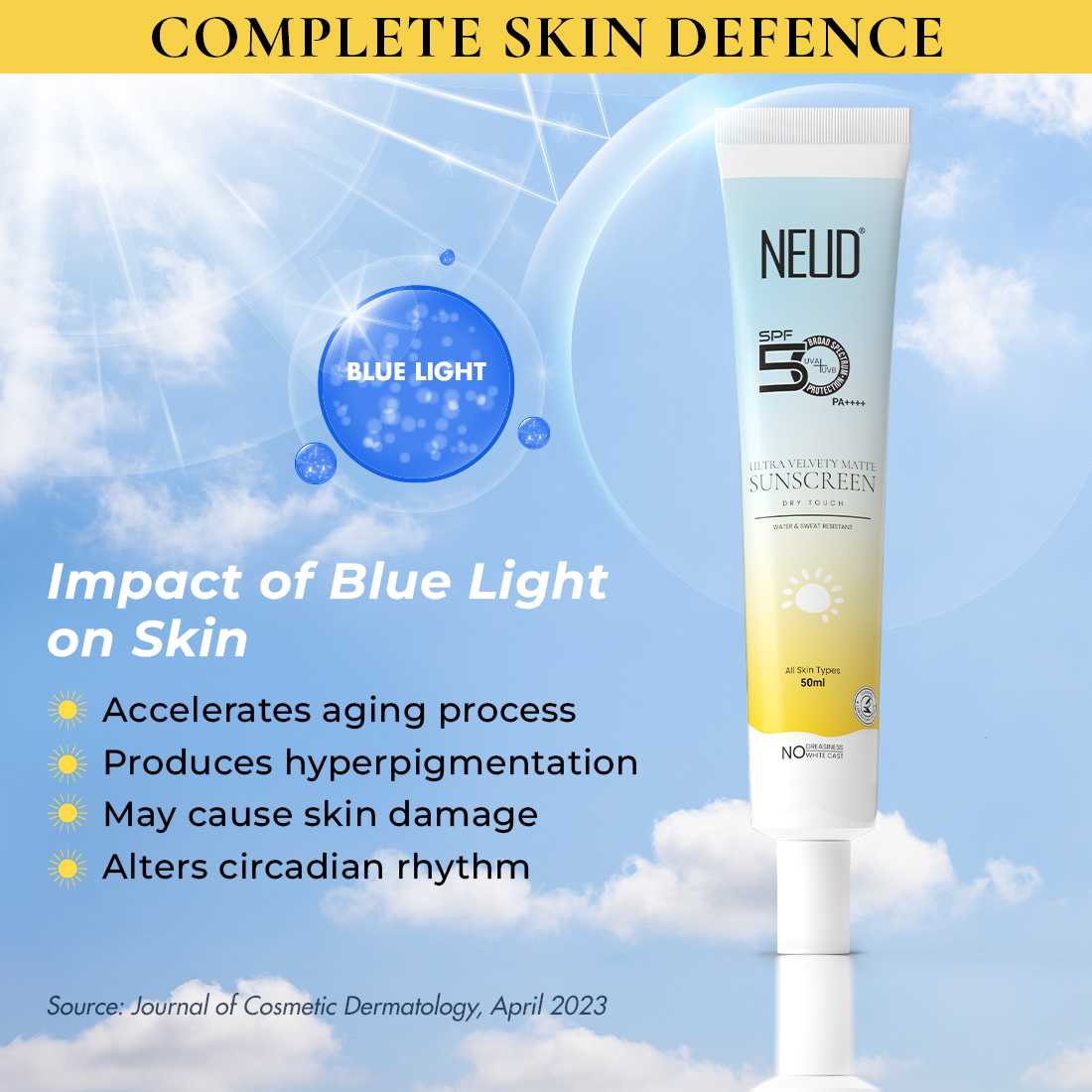 NEUD Ultra Velvety Matte Priming Sunscreen Dry Touch with SPF 50 PA++++ and Vitamin E, Sweat-Resistant, No White Cast - 50g - Image 4