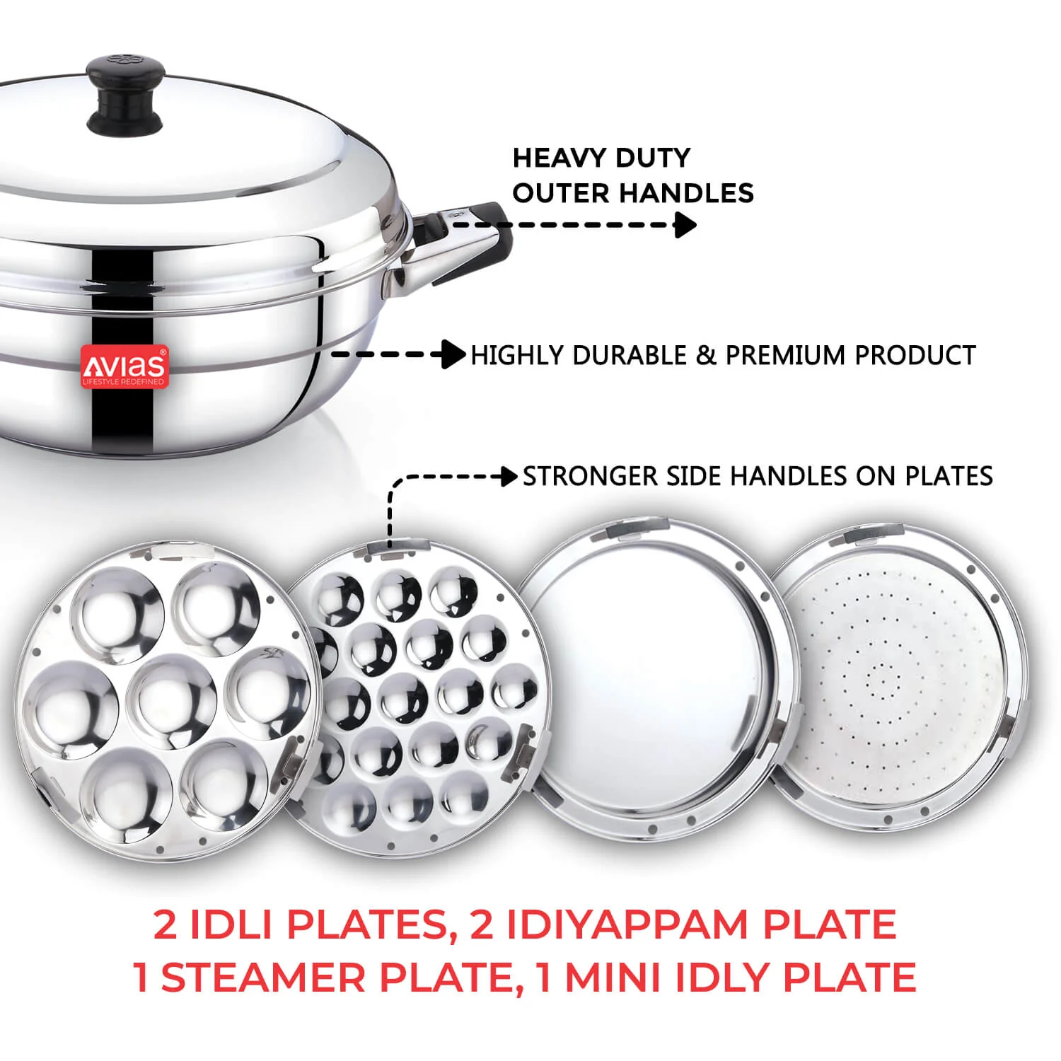 New AVIAS All Rounder Multi Kadai Premium | High quality and Food-grade stainless steel | Insulated handles | Sandwich bottom | Multipurpose Kadai with Idli plates & Dhokla plates - Image 3