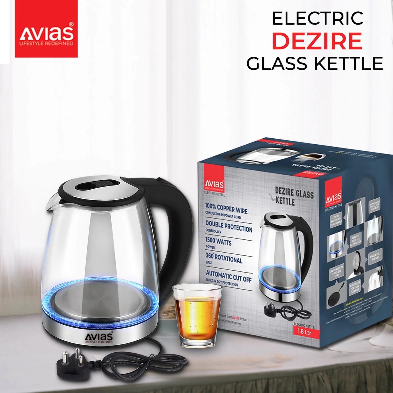 New Avias Dezire Electric Glass Kettle | 1.8 Litre | Flip Lid | 1500 Watts | 360° Rotational Cordless Base | Automatic Cut-Off | Double protection controller | Cool Touch Handle - Image 6
