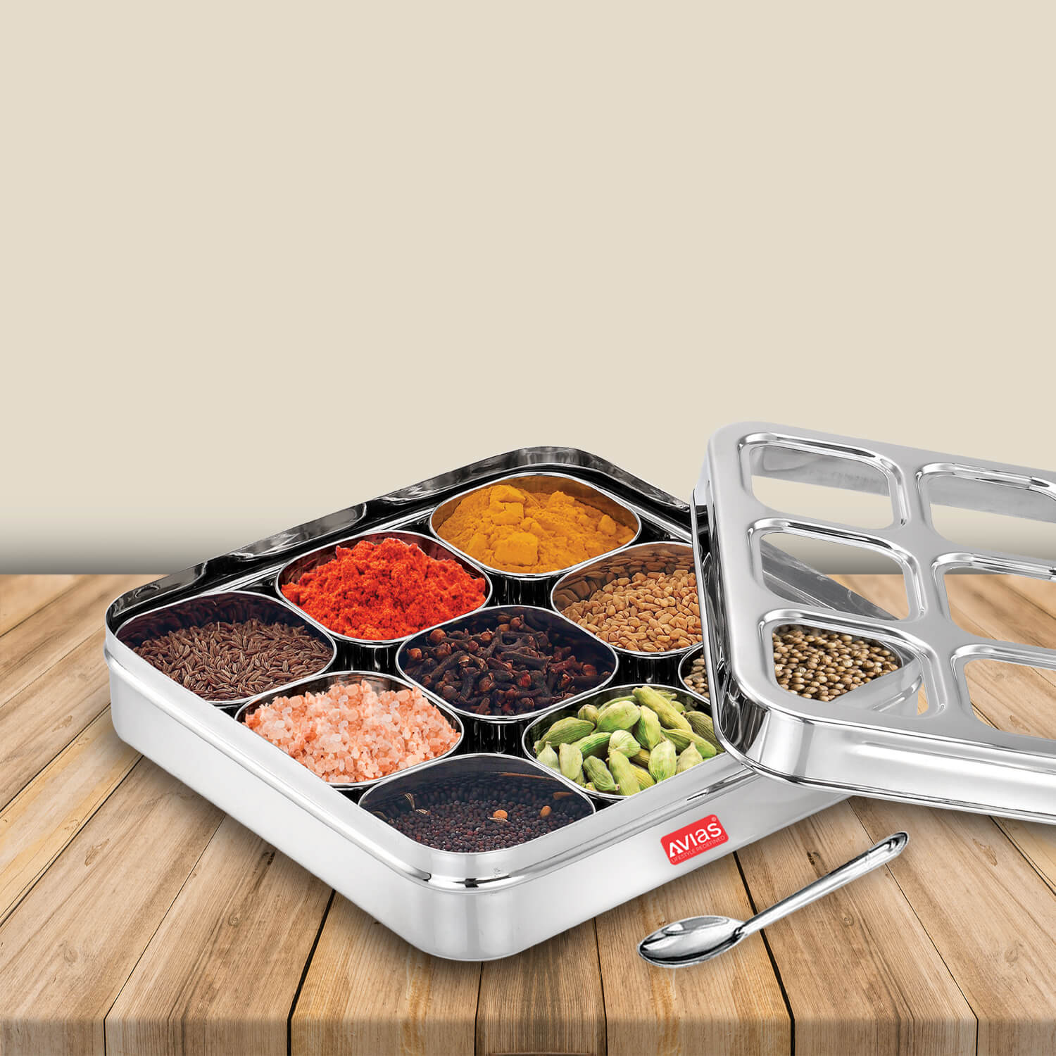 New AVIAS Stainless Steel Spice Box with 9 Square Medium (Design) | 9 Compartments | Rust-free see-through lid | Break-resistant acrylic sheet | Durable Masala dani |Masala dabba| Dry fruit box | Kitchen Organiser - Image 2