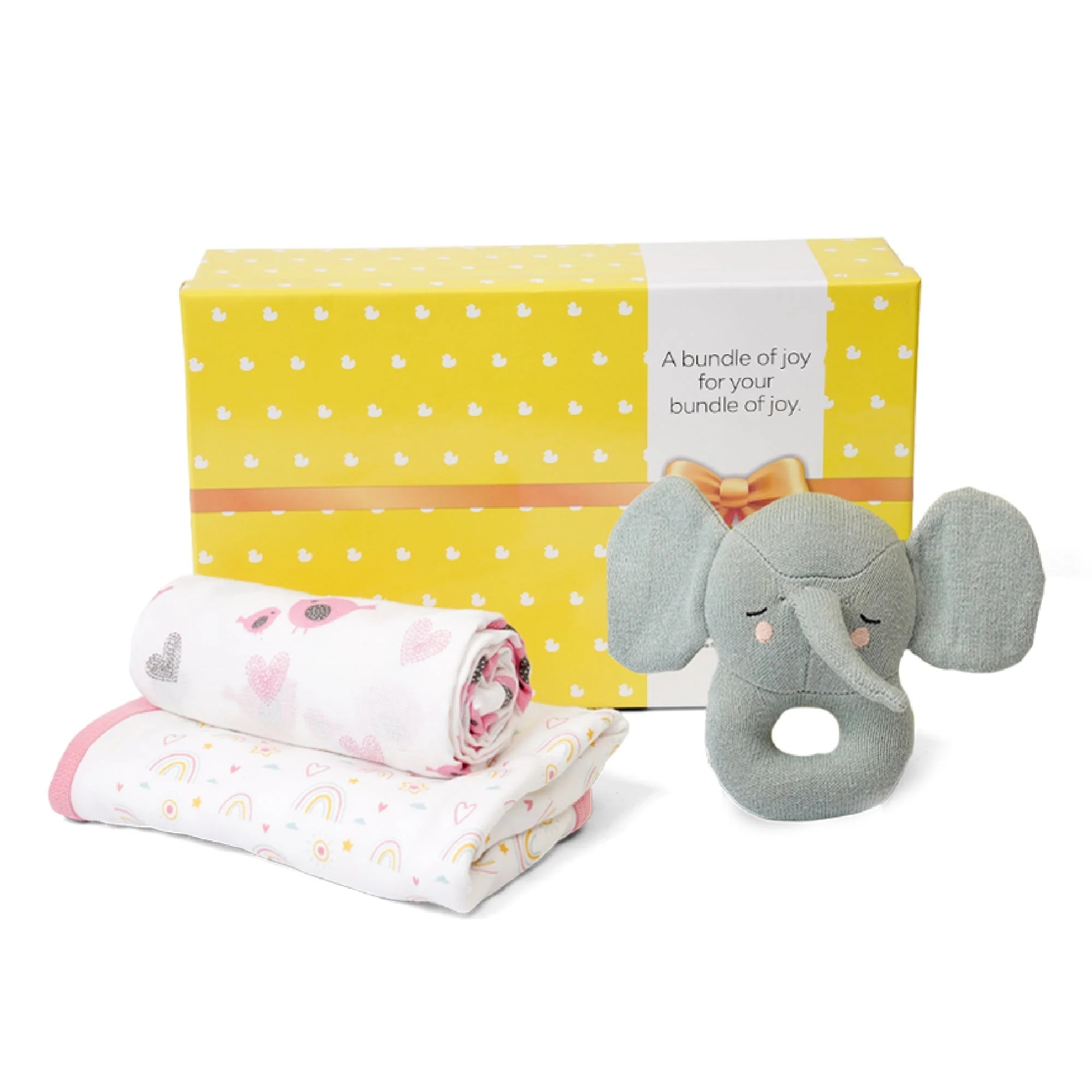 New Baby Gift Set - Baby Swaddle, Blanket And Rattle Gift Set