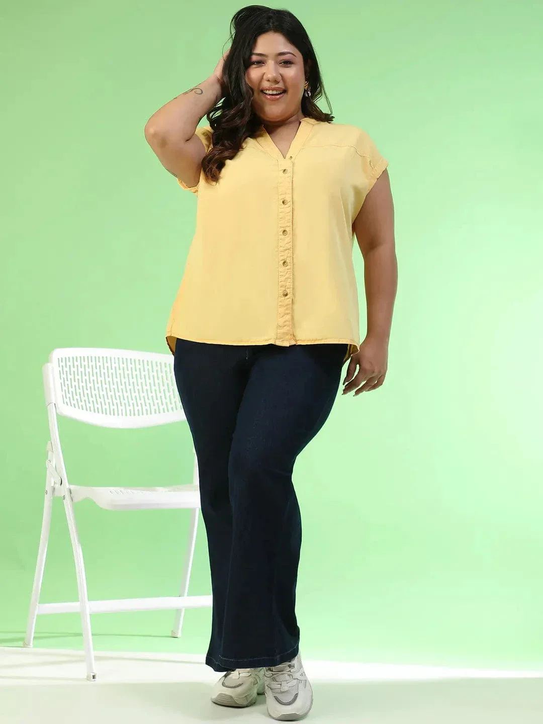New-Wave Yellow Short Sleeve Button Down Plus Size Women Cotton Top - Image 2