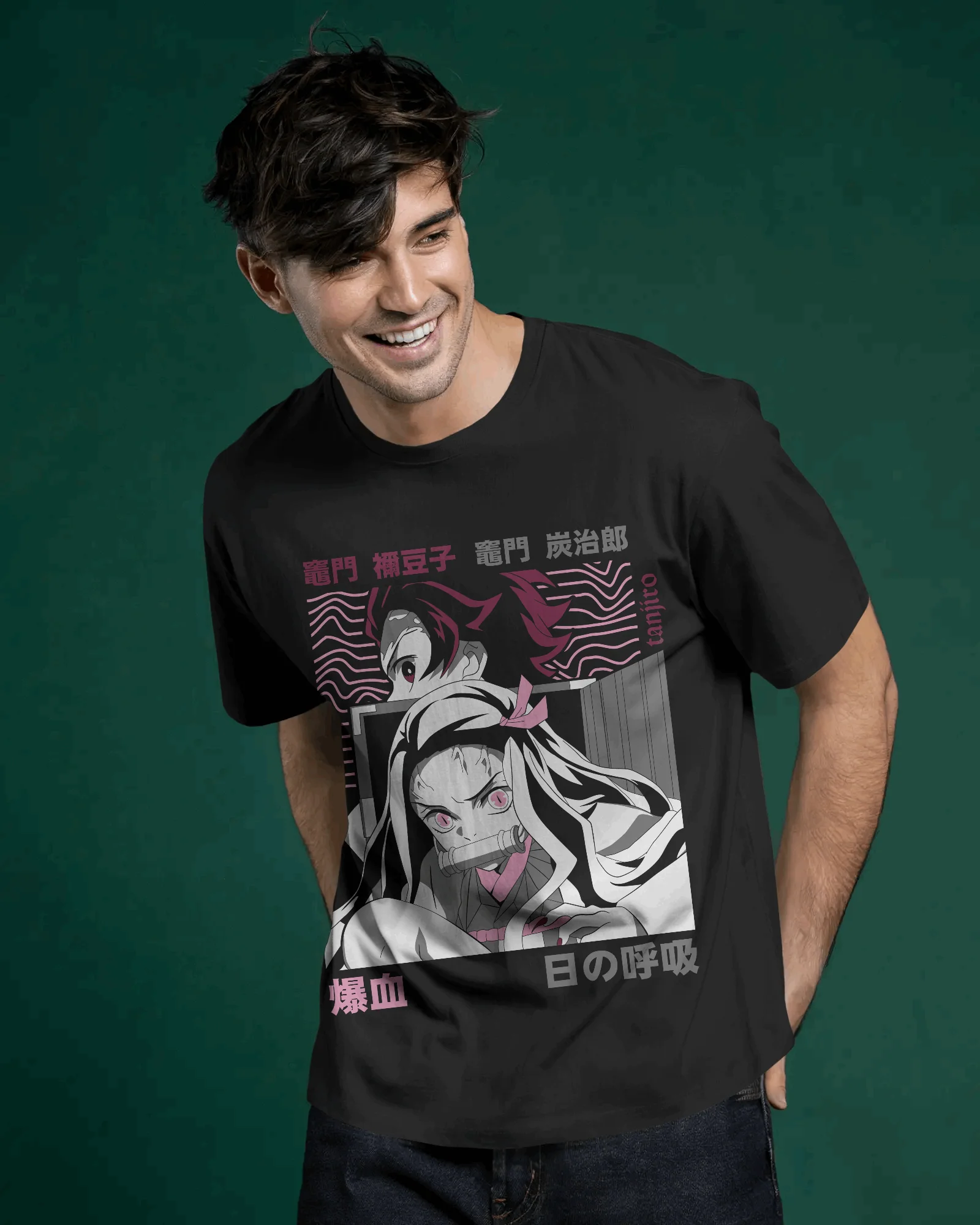 Nezuko Kamado Neon Wave Panel Graphic T‑Shirt (Black) - Image 2