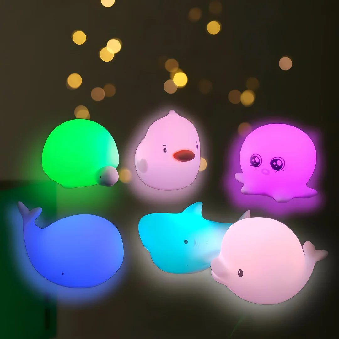 OceanPals: Set of 6 Adorable Ocean-Themed Squishy Night Lights with Soft LED Glow – Includes Whale, Shark, Octopus, Dolphin, Turtle & Duck - Image 4