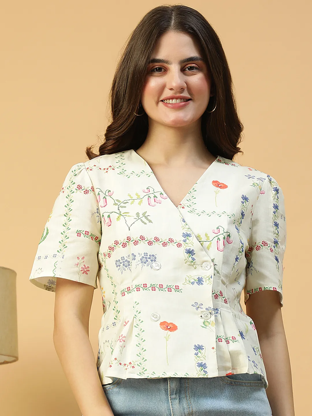 Off-Whit Floral Print Button Detailed Short Sleeve Women Cotton Dobby Top