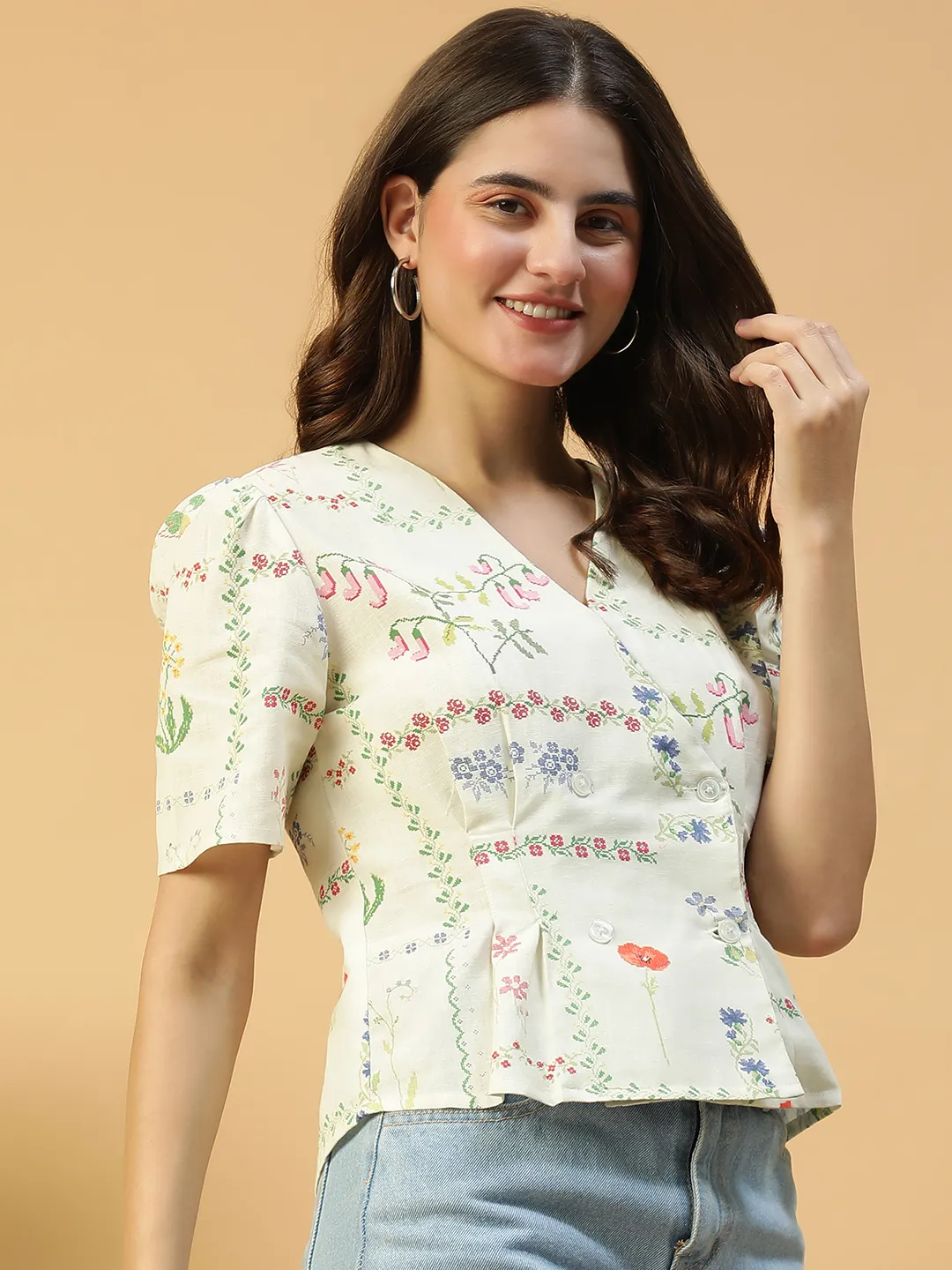 Off-Whit Floral Print Button Detailed Short Sleeve Women Cotton Dobby Top - Image 5