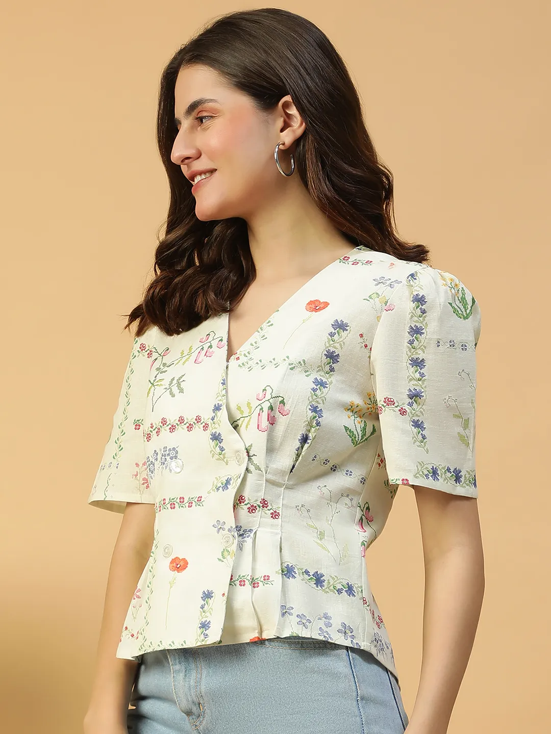 Off-Whit Floral Print Button Detailed Short Sleeve Women Cotton Dobby Top - Image 6