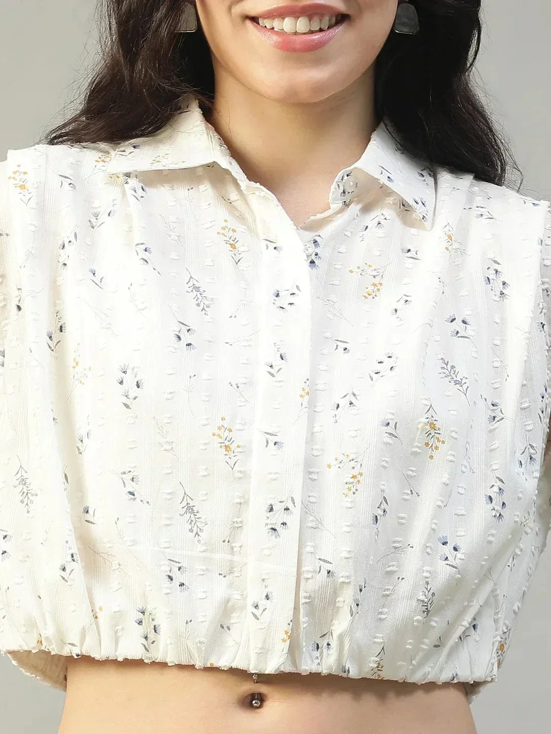 Off White Floral Print Collared Short Sleeve Button Down Women Cotton Dobby Crop Shirt - Image 6