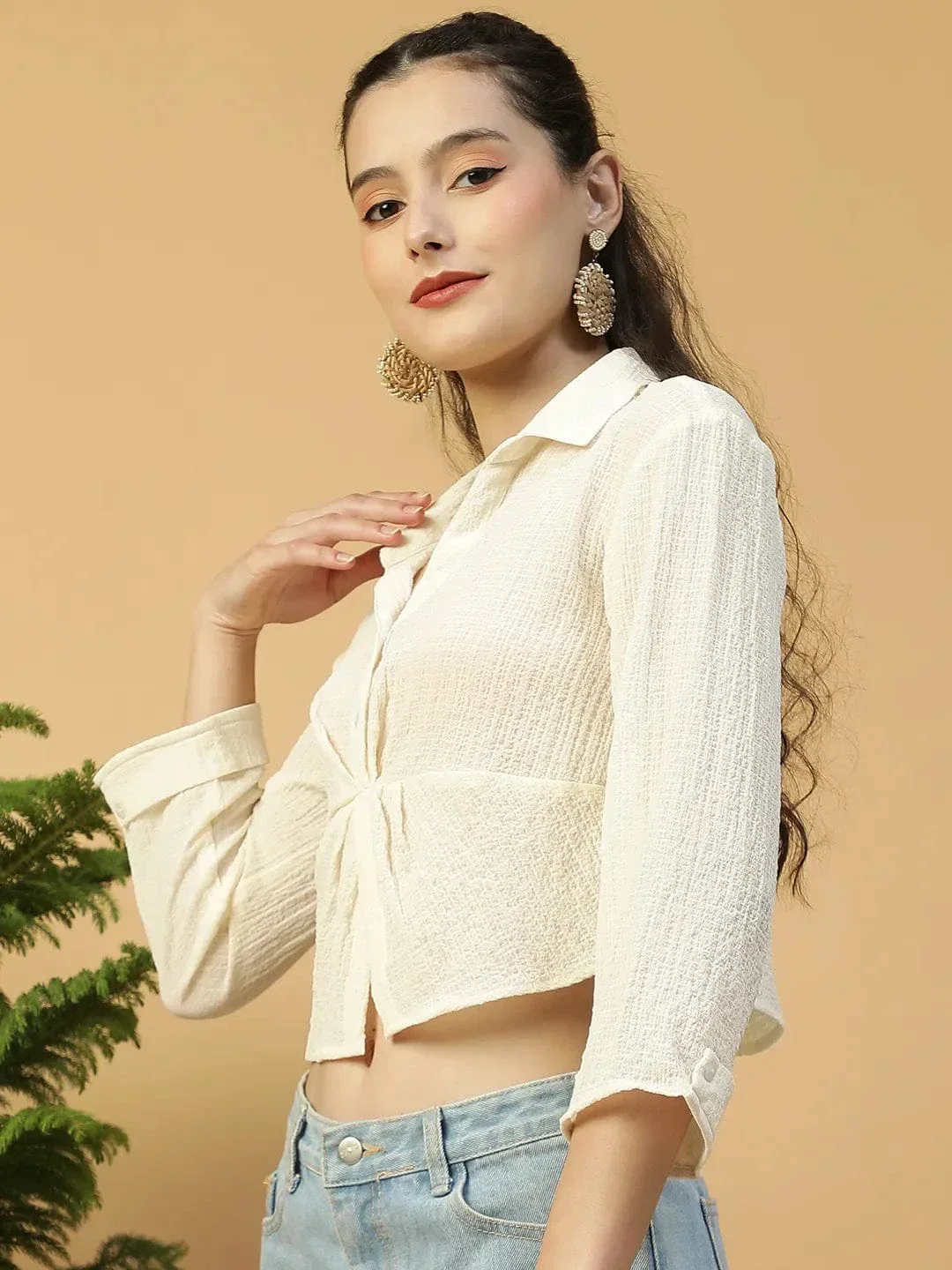 Off-White Long Sleeve Open Collar Women Crop Shirt - Image 3