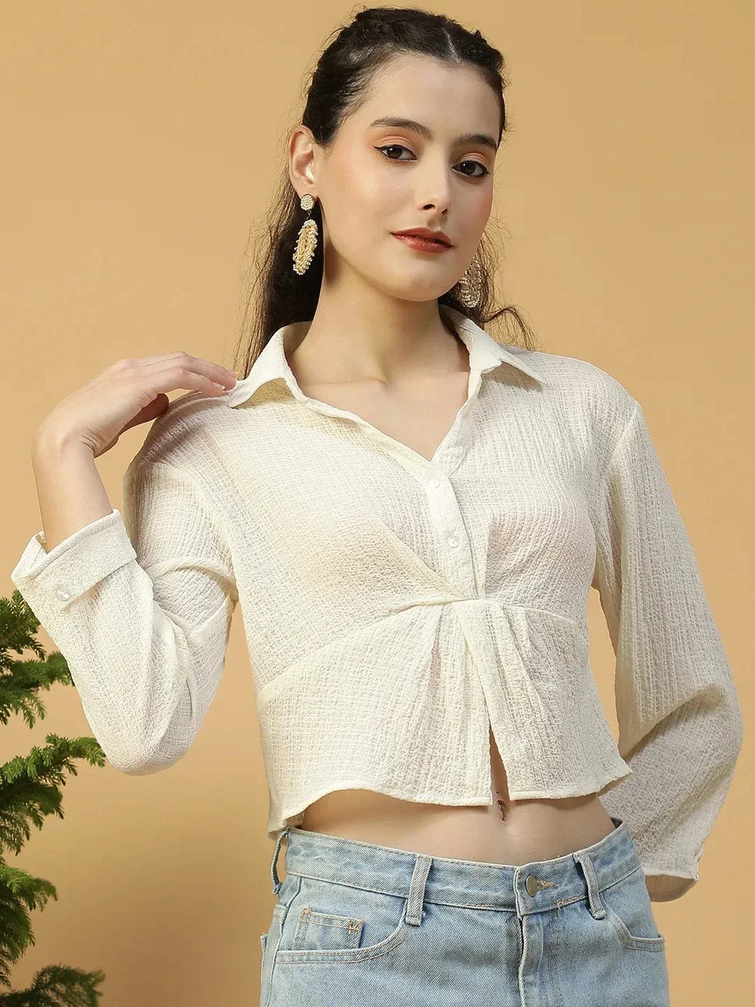 Off-White Long Sleeve Open Collar Women Crop Shirt - Image 4