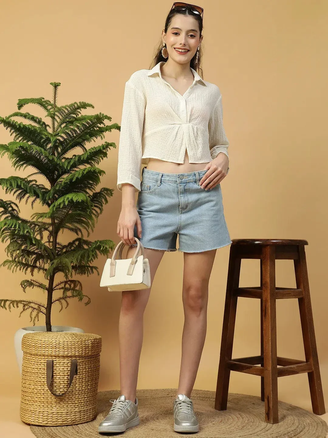 Off-White Long Sleeve Open Collar Women Crop Shirt - Image 7