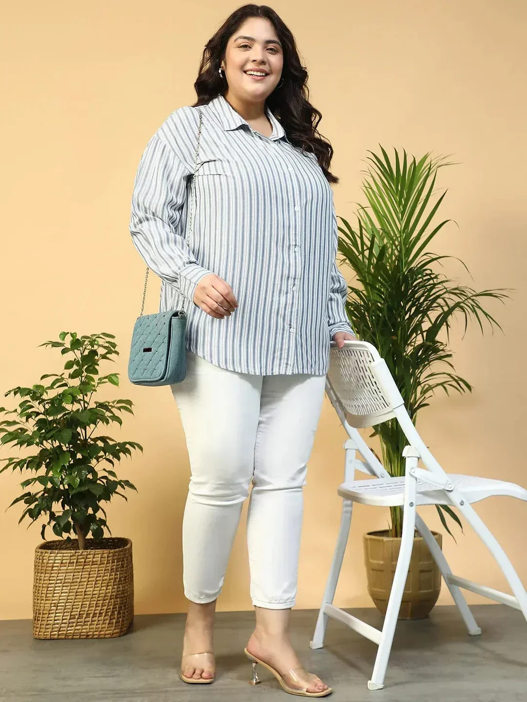 Offical Blue Collared Stripe Print Long Sleeve Button Down Linen Plus Size Women Cotton Shirt - Image 7