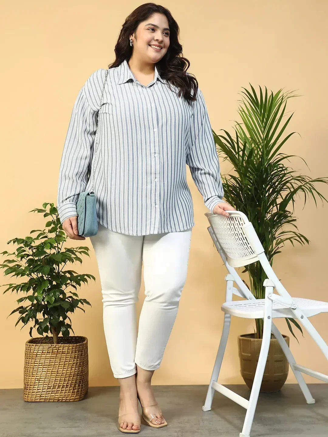 Offical Blue Collared Stripe Print Long Sleeve Button Down Linen Plus Size Women Cotton Shirt - Image 8
