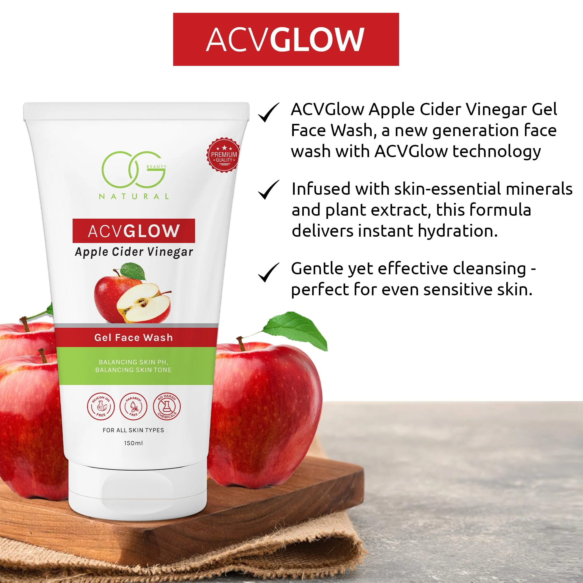 OG BEAUTY Natural ACVGLOW Apple Cider Vinegar Gel Face Wash 150 ML - Image 3