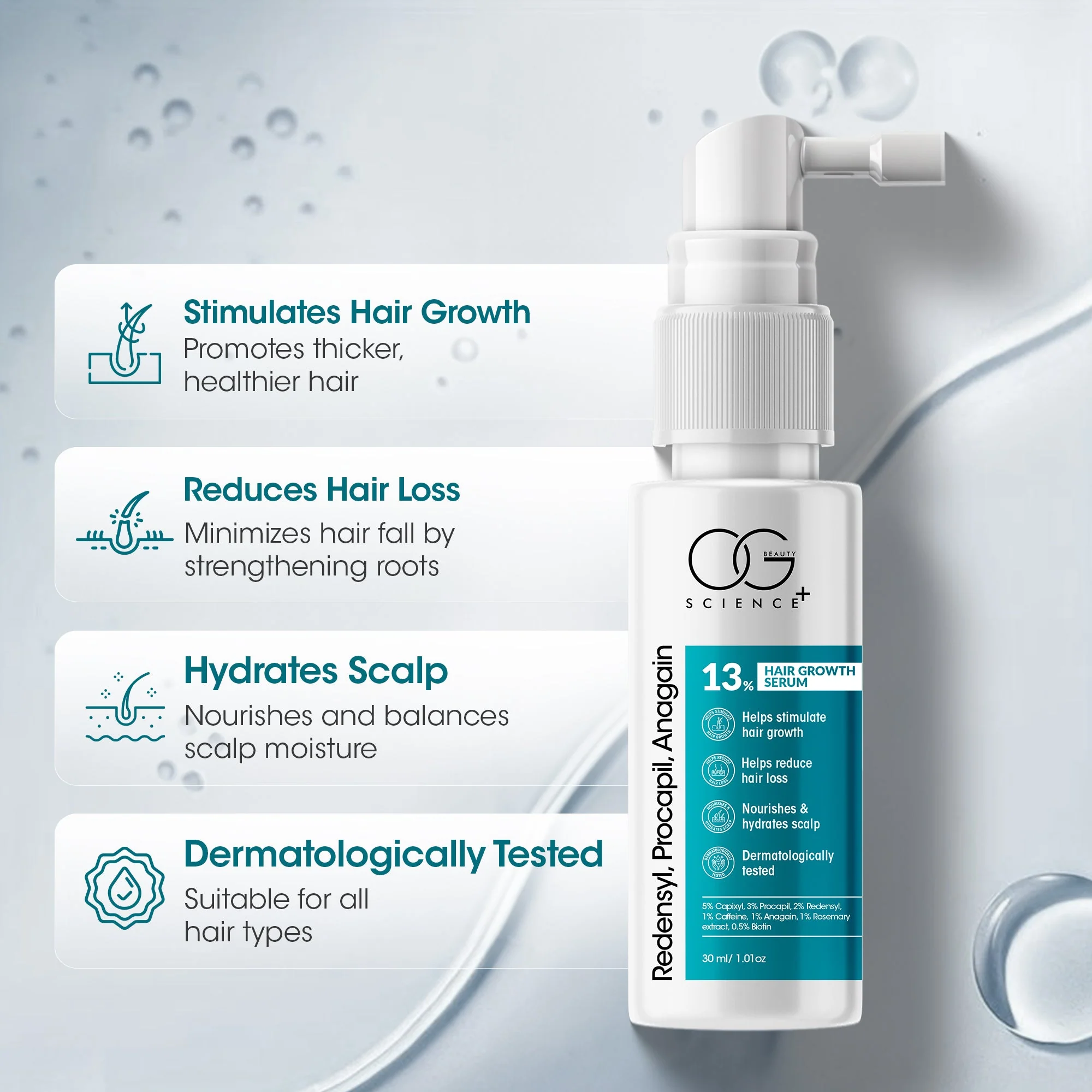 OG BEAUTY SCIENCE+ Hair Growth Serum, 5% Capixyl, 3% Procapil, 2% Redensyl, Biotin & Caffeine, Reduces Hair Fall, 30ml - Image 3