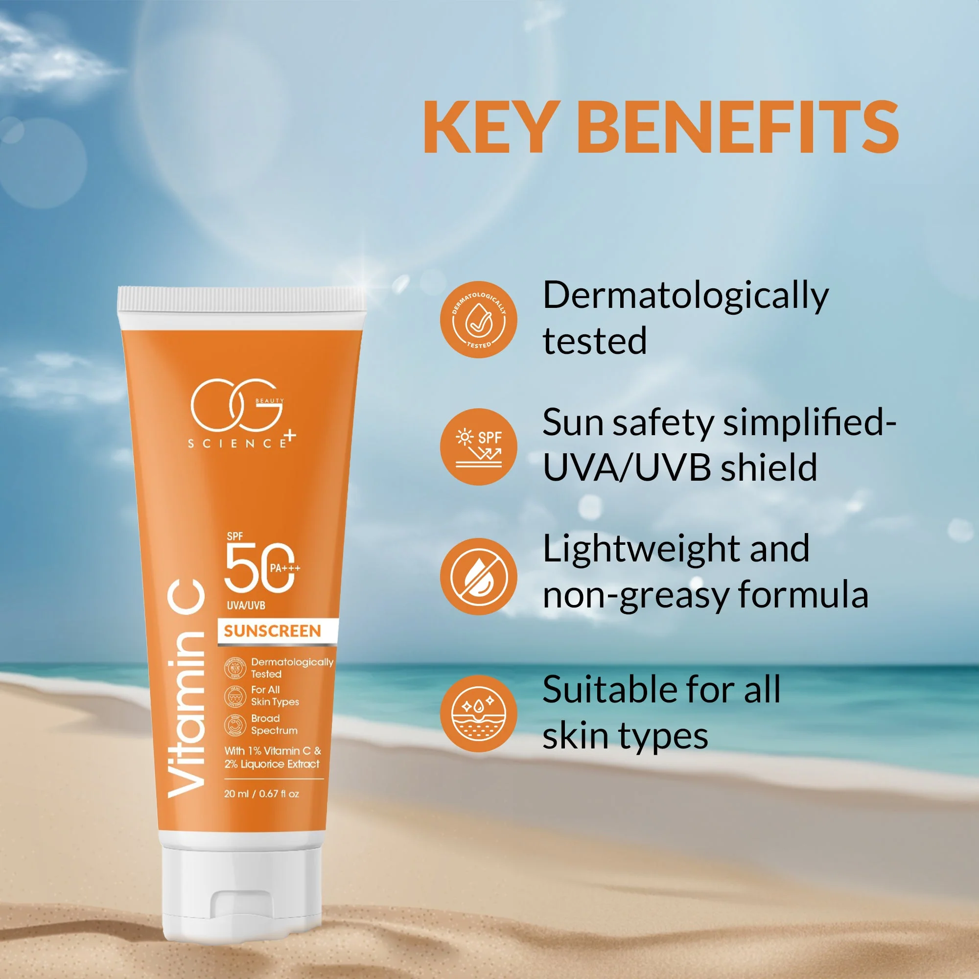 OG BEAUTY SCIENCE SPF 50 PA+++ Sunscreen, Vitamin C and Liquorice, Dermatologist Approved, Lightweight and Hydrating, 20ml - Image 2