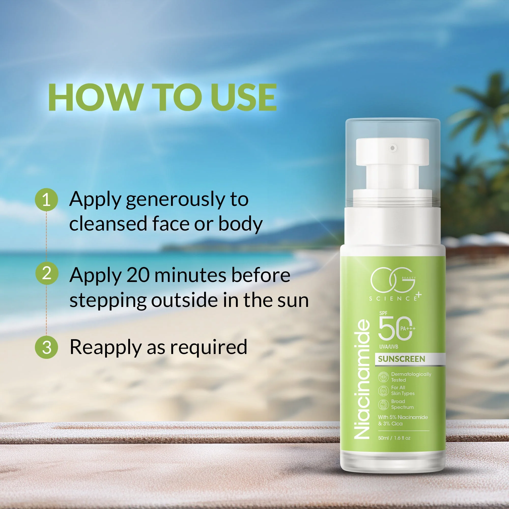OG BEAUTY Science SPF 50 PA+++ Sunscreen with Niacinamide & Cica - Dermatologically Tested - Broad Spectrum 50 Ml - Image 5