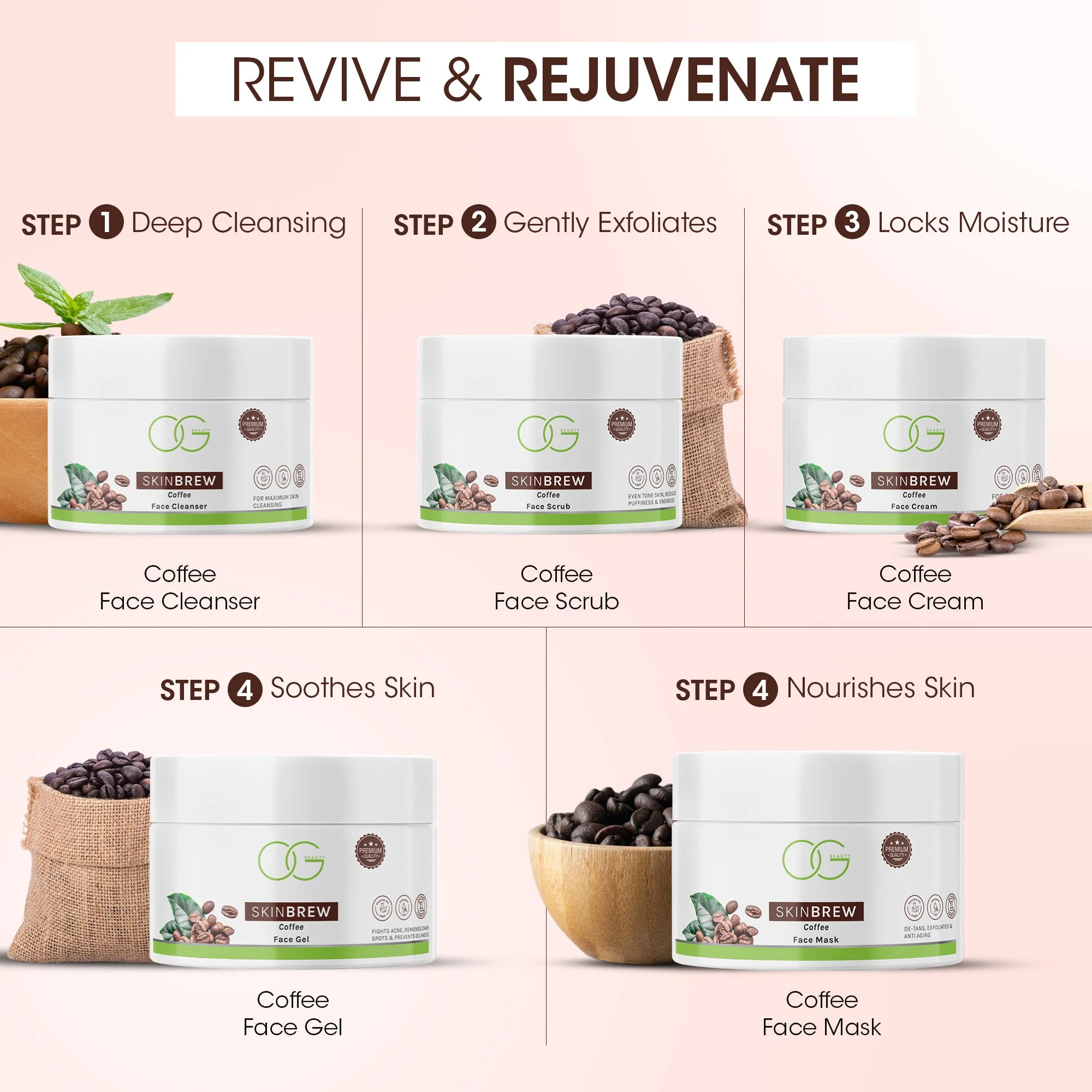 OG BEAUTY SKINBREW Coffee Facial Kit | 5-Step Glow Boost | Clears Blemishes, Brightens & Deep Cleanses - Image 4