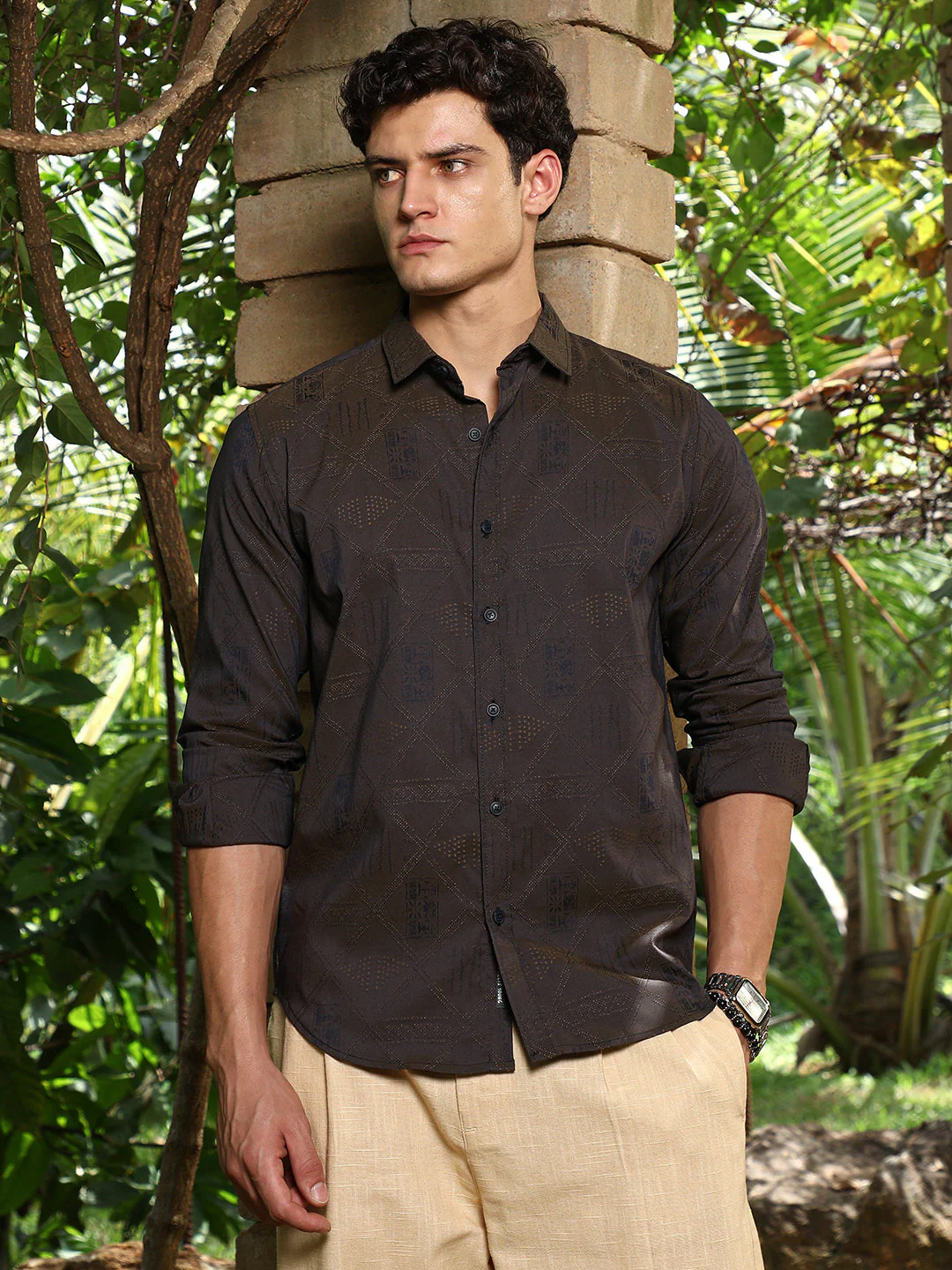 Olive Brown Geometric-Folk Self-Design Shirt - Image 2