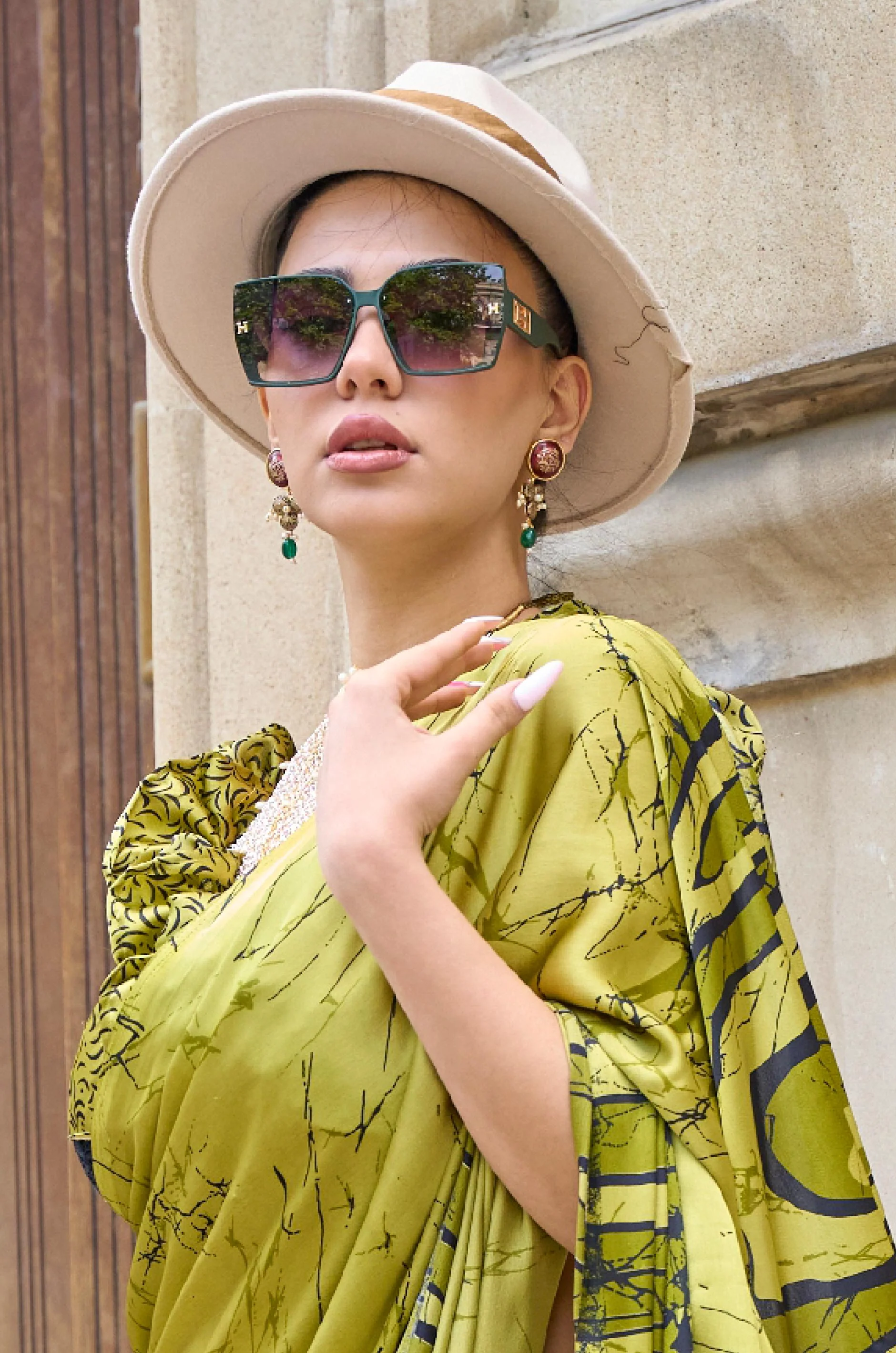 Olive Green Digital Print Satin Crepe Saree - Image 4