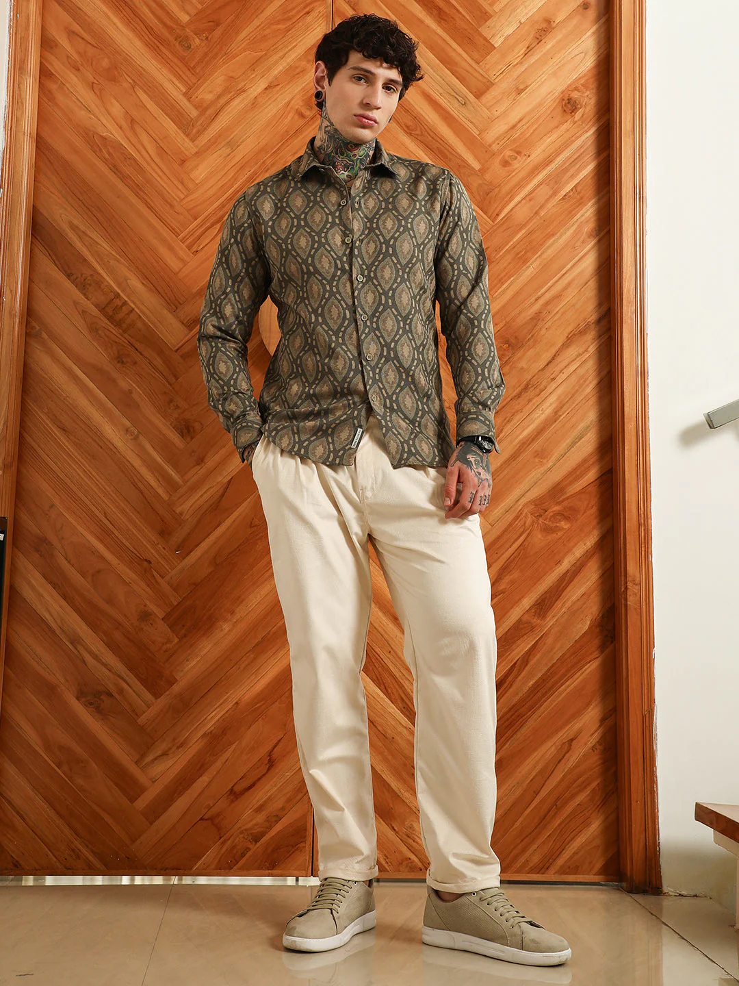 Olive Green Geometric Patterned Cotton Blend Full Sleeve Shirt - Image 5