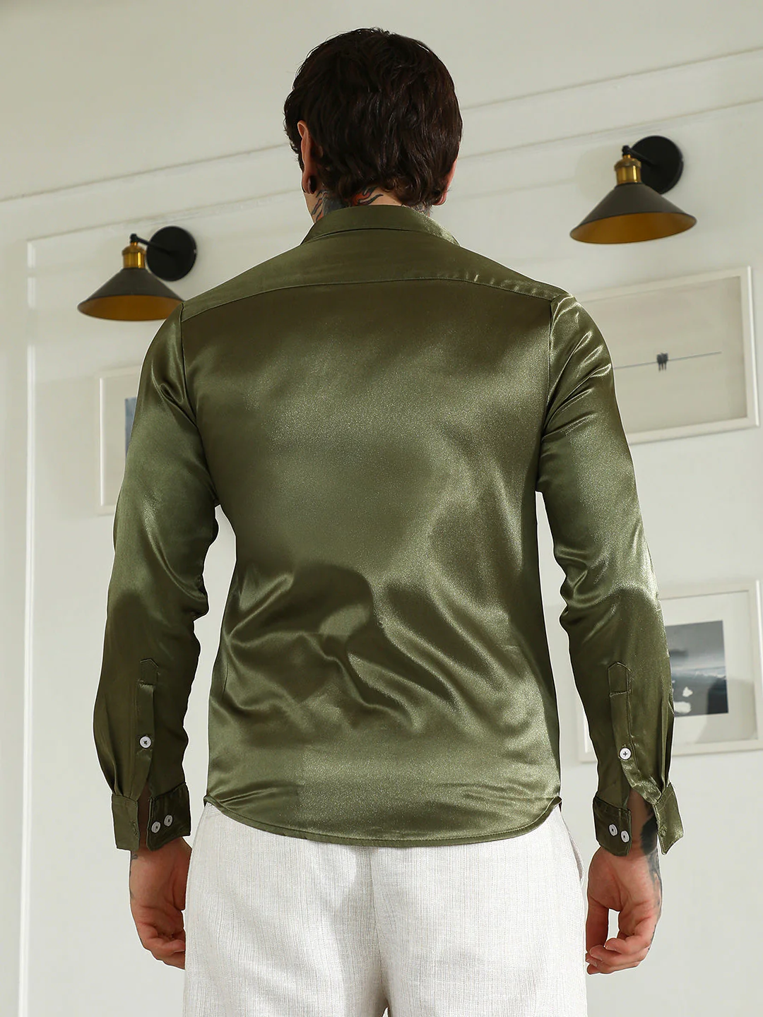 Olive Green Polyester Slim Fit Shirt - Image 4