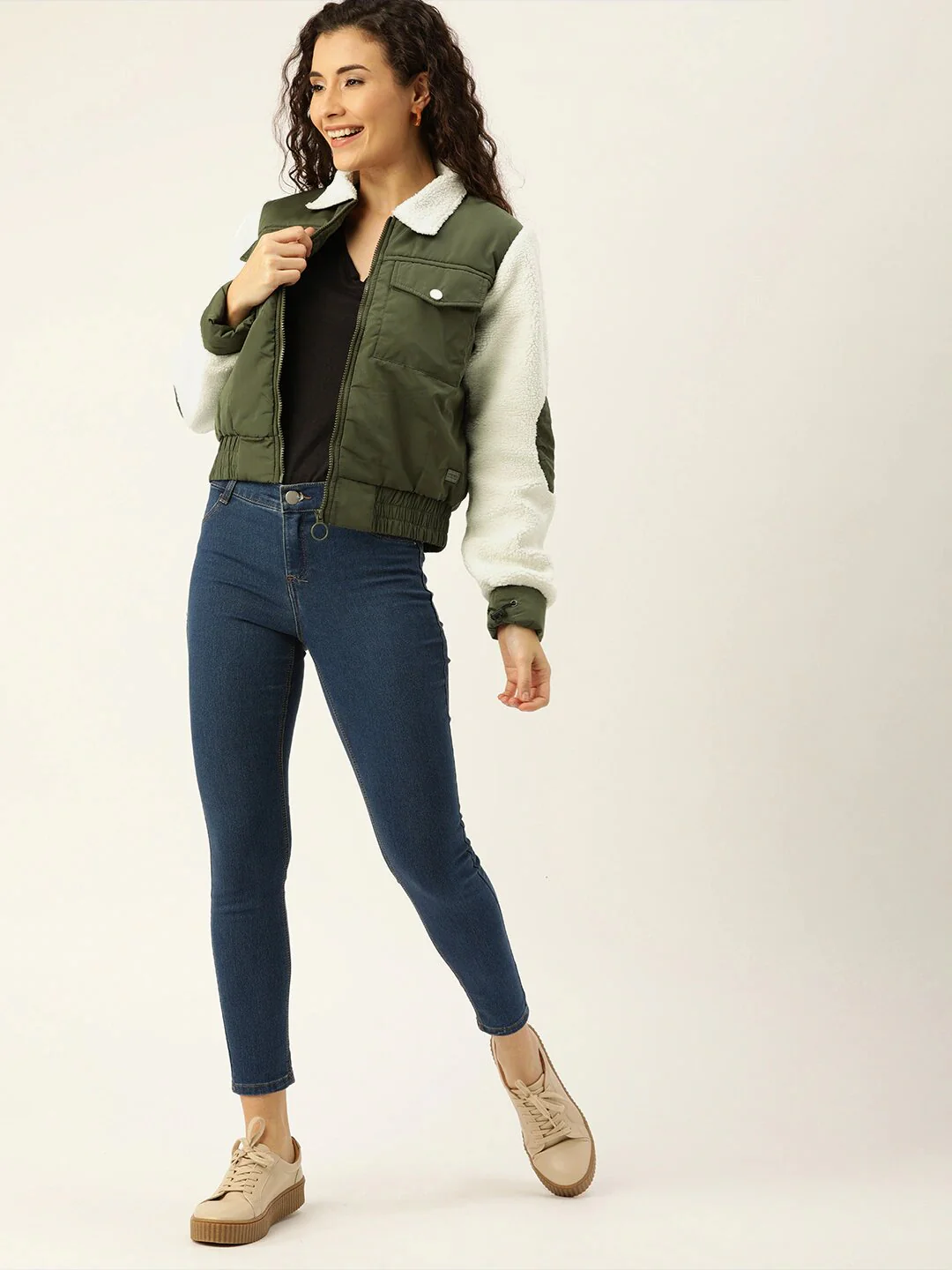 Olive Green Solid Puffer Jacket - Image 2