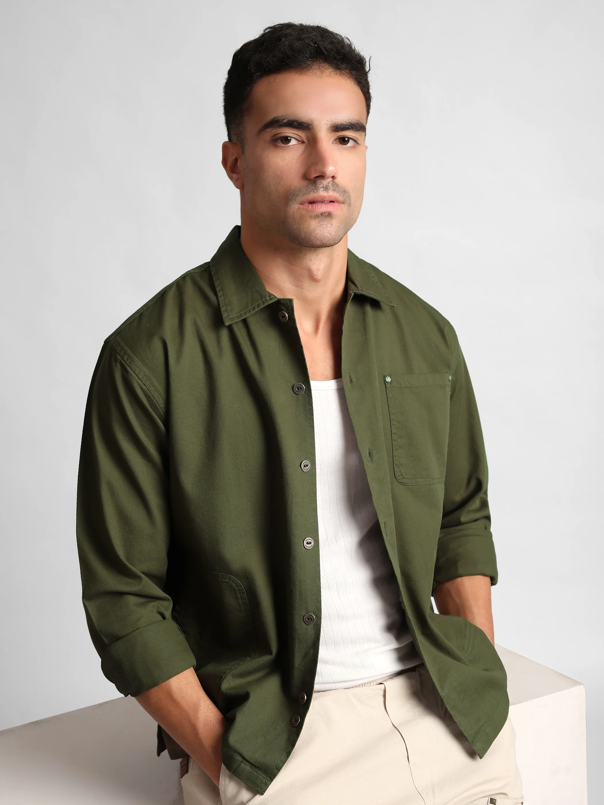 Olive Solid Multipocket Shacket