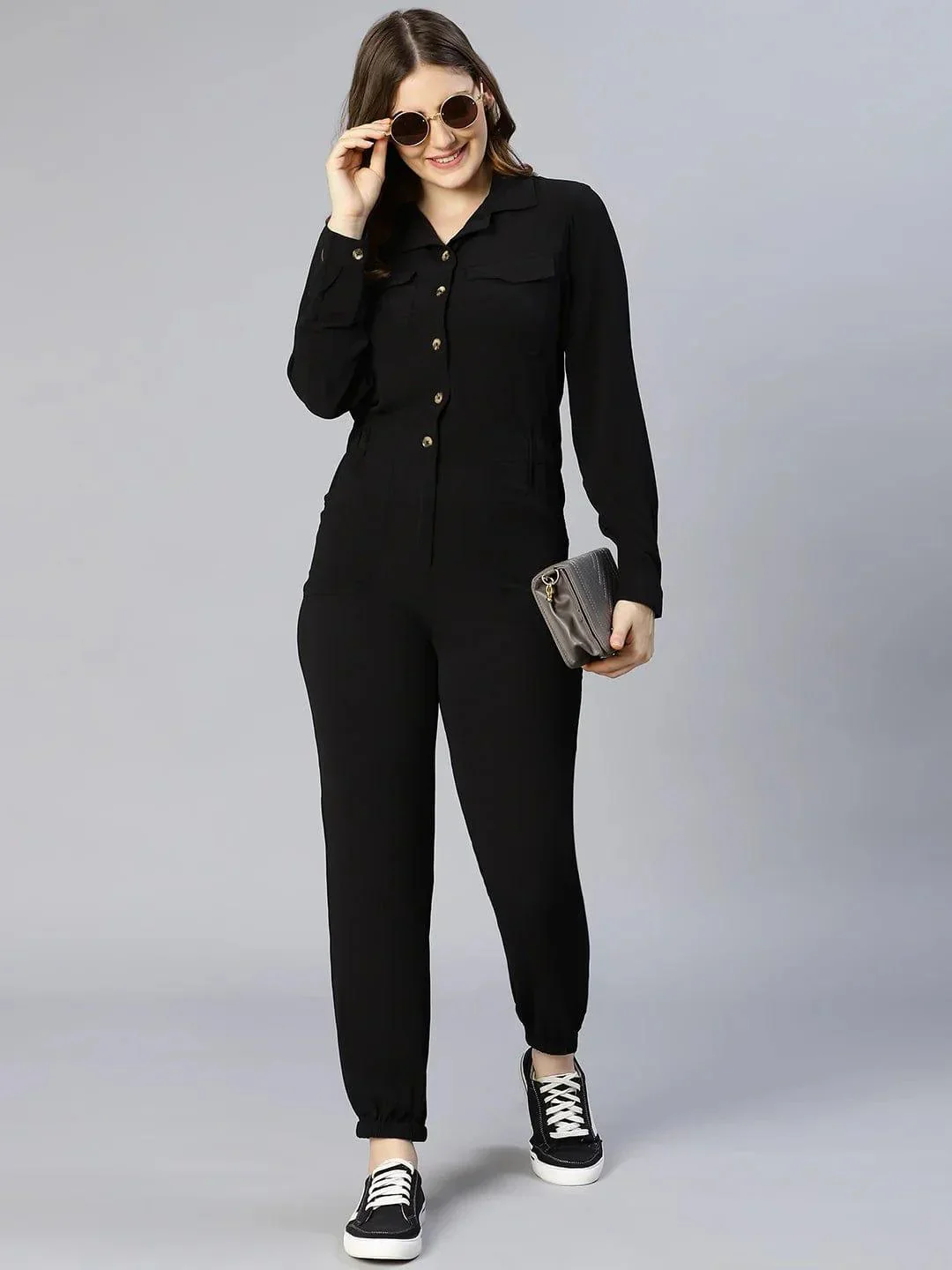 On Trend Black Button-Down Women Jumpsuit - Image 7
