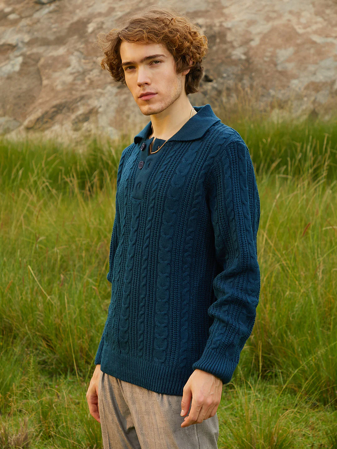OneKind Braid-Knit Collared Sweater - Image 3