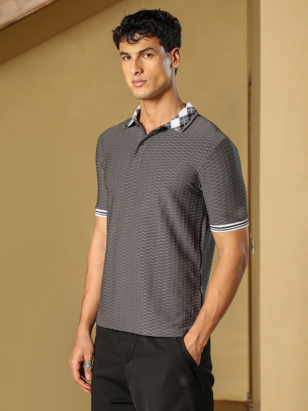 OneKind Hive Argyle-Knit Polo T-Shirt - Image 3