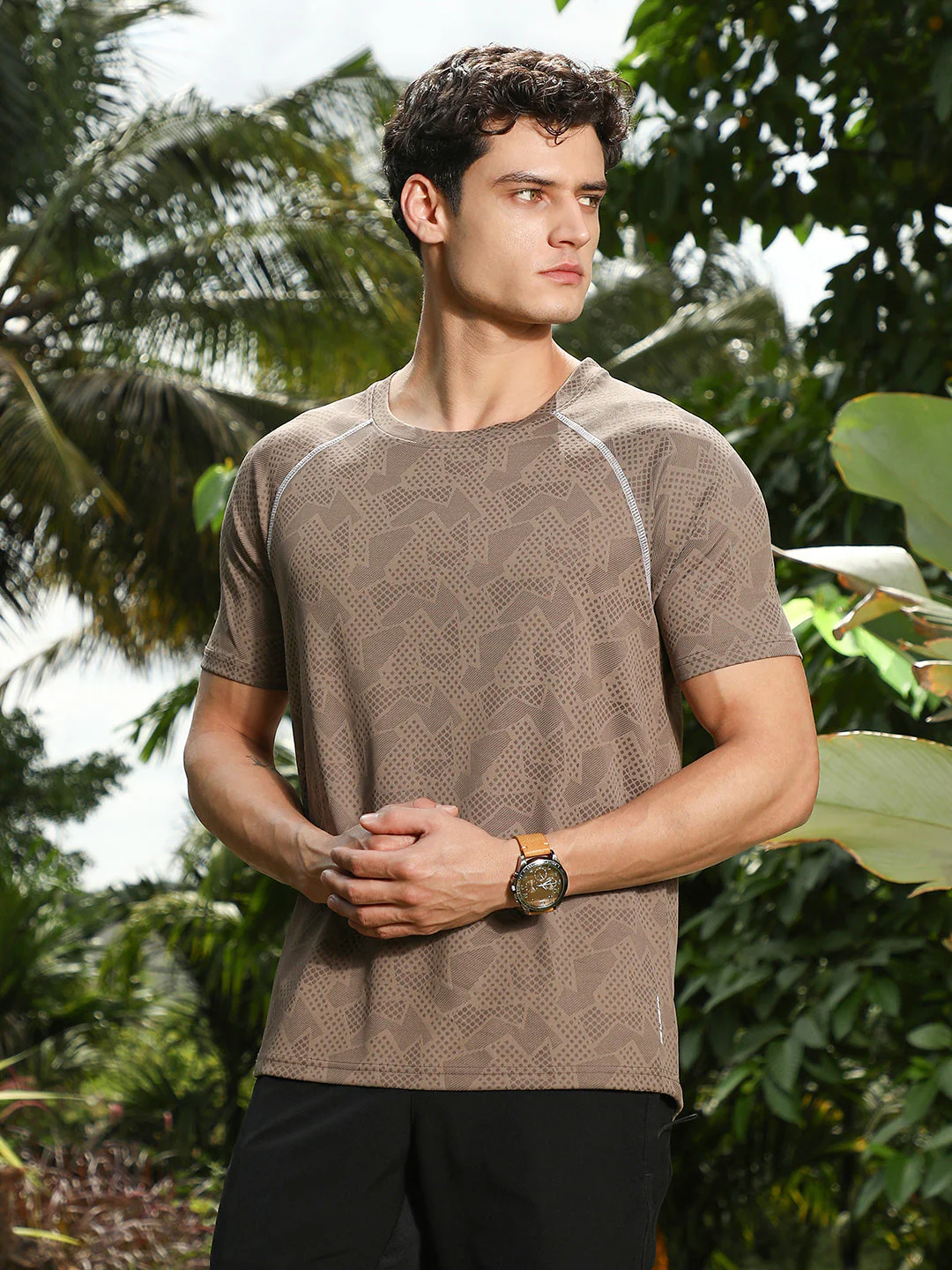 OneKind Mocha Brown Abstract-Imprint Activewear T-Shirt - Image 2