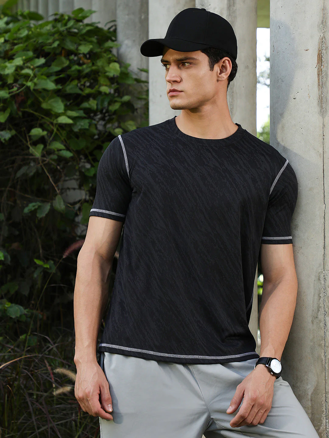 OneKind Onyx Black Plash-Imprint Activewear T-Shirt