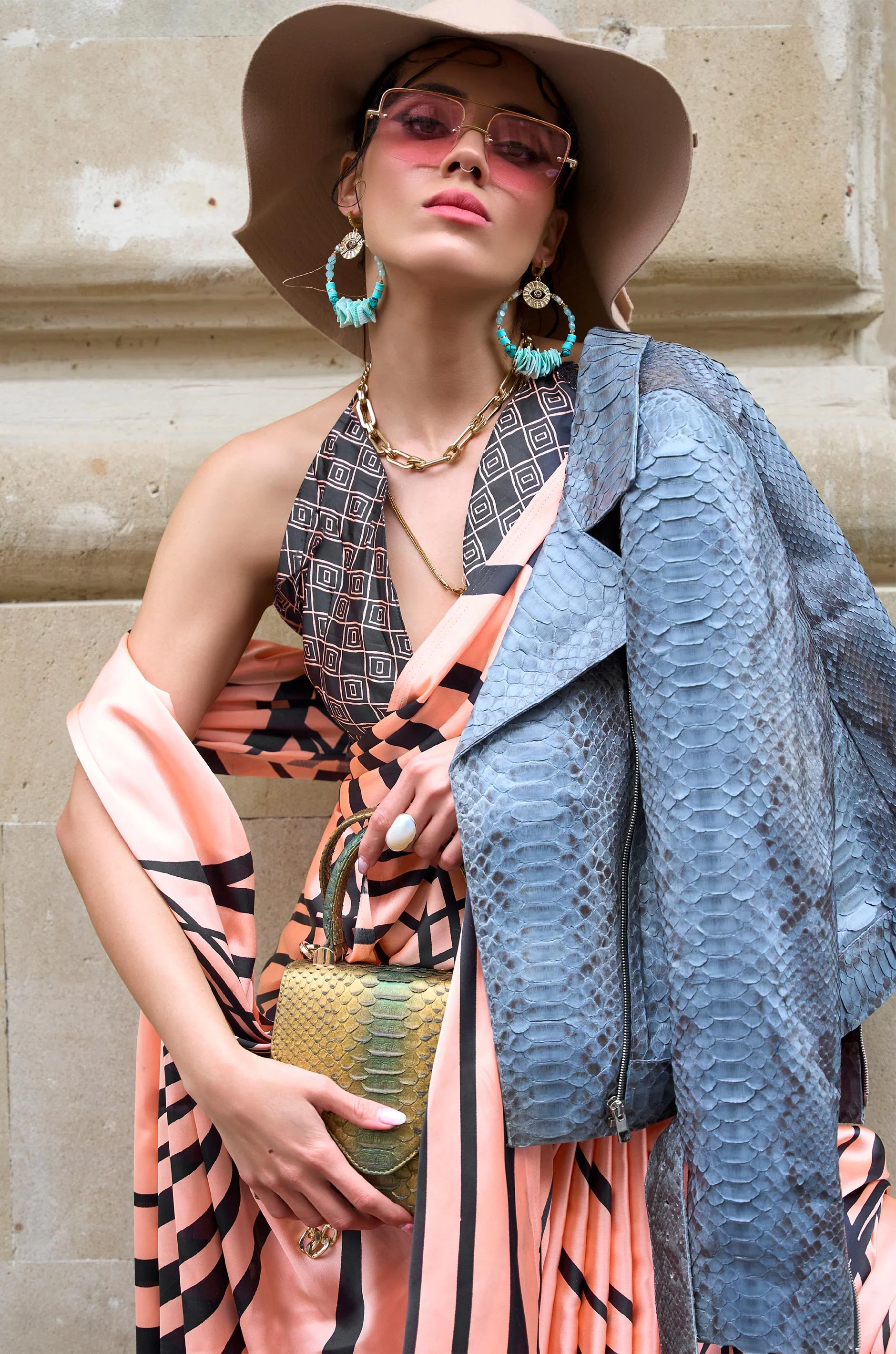 Orange Black Digital Print Satin Crepe Saree - Image 2