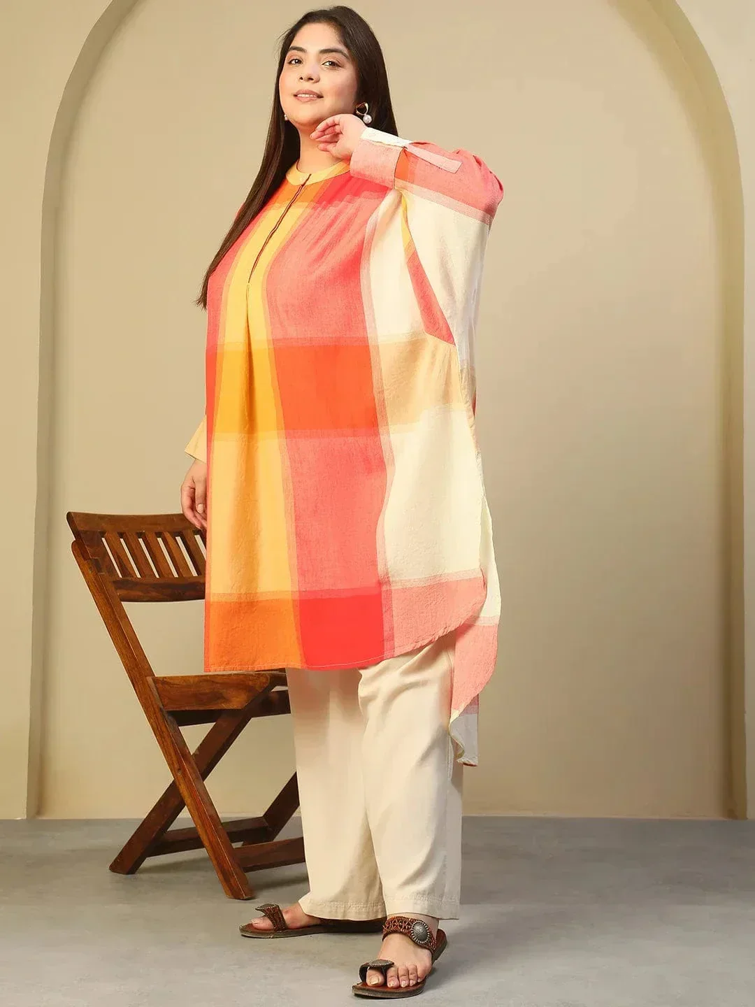Orange Check Round Neck With Button Placket Long Sleeve High Low Yarn Dyed Check Print Plus Size Women Cotton Tunic - Image 3