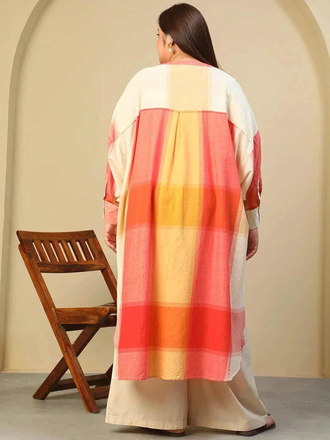 Orange Check Round Neck With Button Placket Long Sleeve High Low Yarn Dyed Check Print Plus Size Women Cotton Tunic - Image 5
