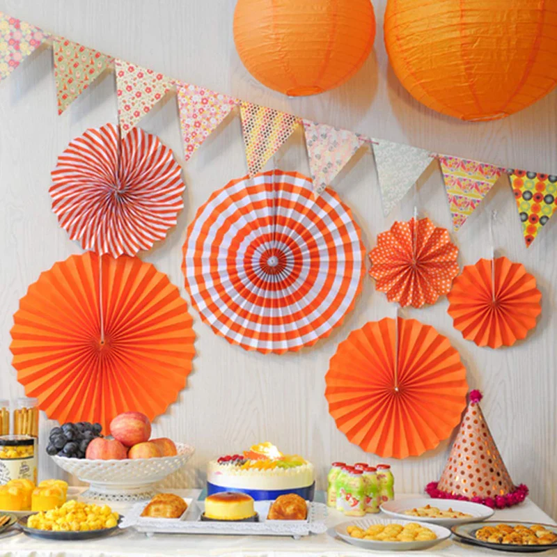 Orange Hanging Paper Fans Decoration (Pack of 6) - Image 3